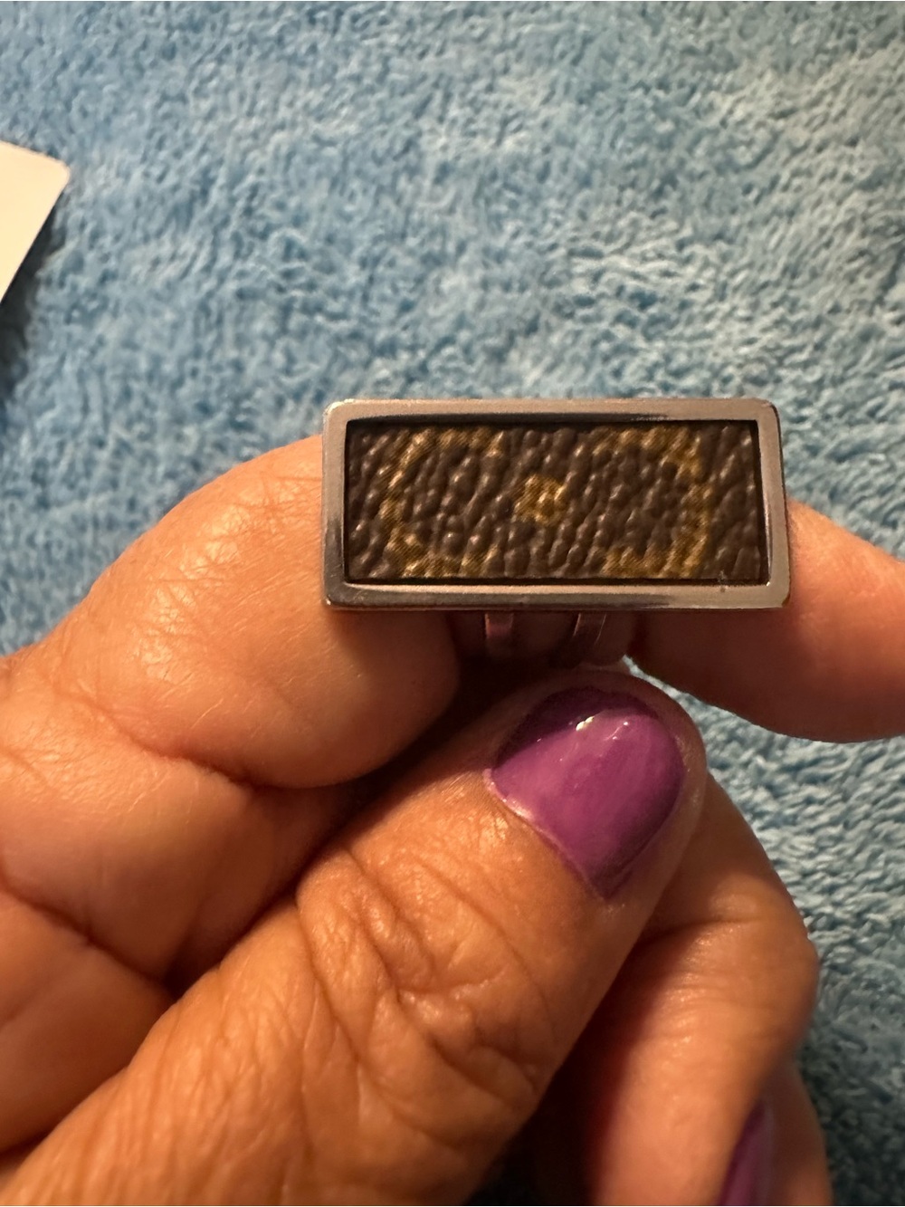 Rectangular Brown Leather Inlay Ring with Silver Frame